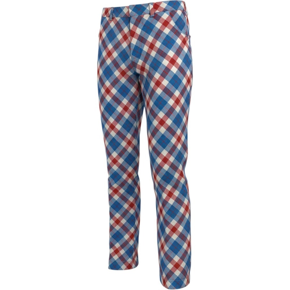 Royal & Awesome Mens Golf Pants 32x32 Red White Blue Plaid Trousers Flat Front